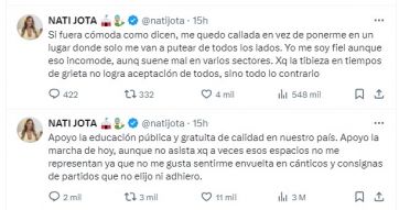 Nati Jota hizo pública su postura sobre la marcha universitaria y la destrozaron