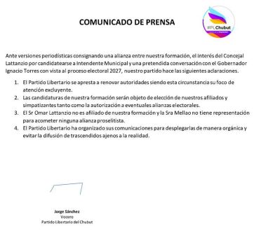 El Partido Libertario de Chubut niega un posible acuerdo con Nacho Torres