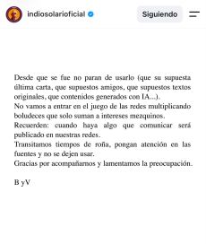 El entorno del Indio pide no viralizar cartas falsas