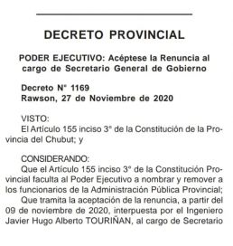 Es oficial: Arcioni aceptó la renuncia de Touriñán