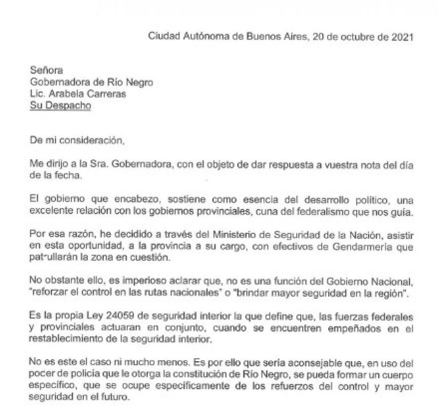 Dura carta de Alberto Fernández a Carreras por el envío de fuerzas federales