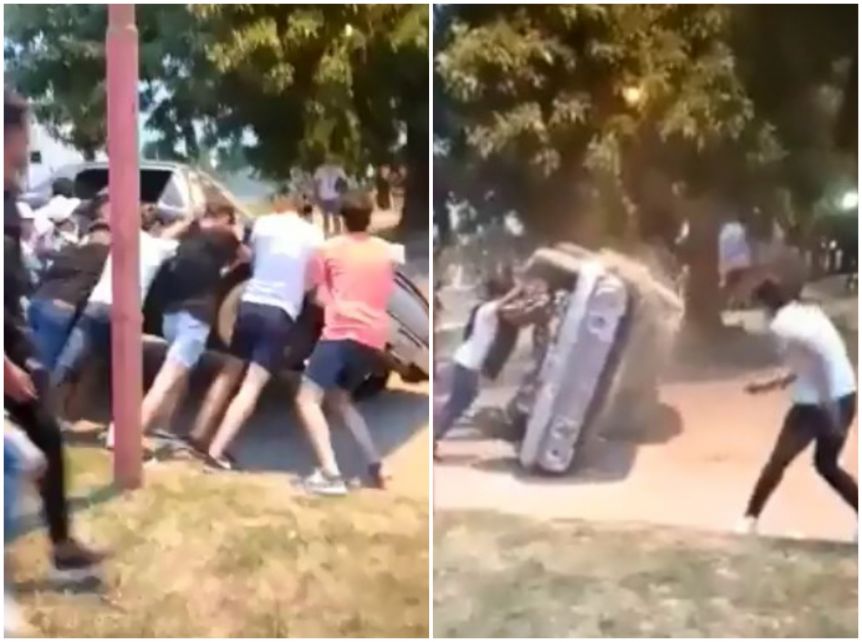 Un grupo de adolescentes dio vuelta un auto estacionado y lo destrozó
