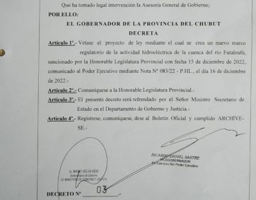 Sastre vetó el polémico proyecto de Renta Hídrica