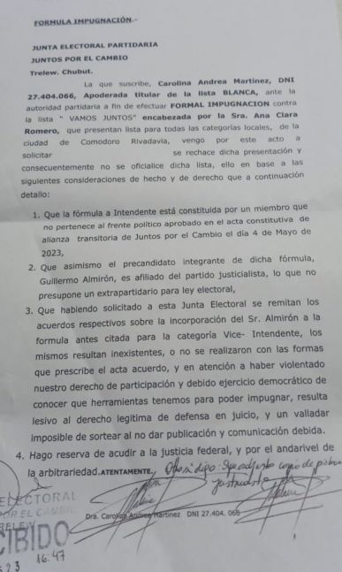 Comodoro Rivadavia: impugnaron la lista de Ana Clara Romero y Guillermo Almirón