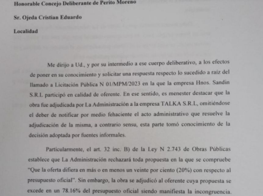Intendente de Perito Moreno fue denunciado por presuntas irregularidades en la adjudicación de una obra - La Tecla Patagonia