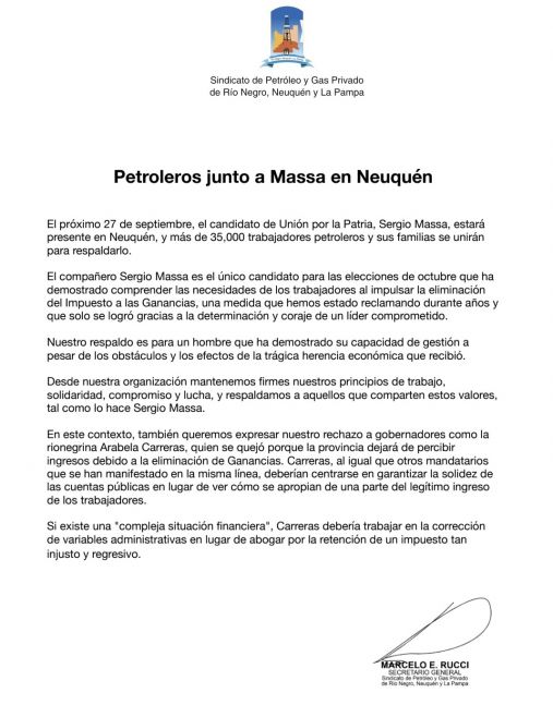 De cara a octubre los petroleros anuncian la visita de Massa a Neuquén