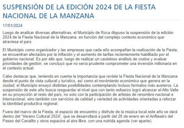 El Municipio anunció la suspensión de la Fiesta Nacional de la Manzana